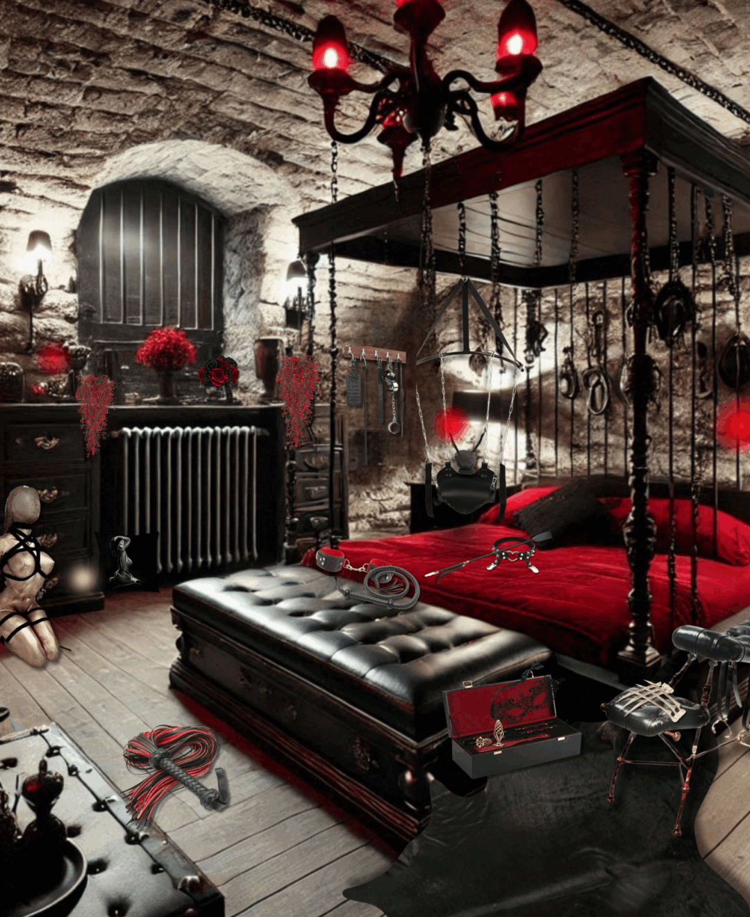 Chambre BDSM Sex room conçue pour les expériences BDSM dans un cadre intime et luxueux. La pièce, inspirée des caves médiévales avec voûtes en pierre apparente, marie élégance et sensualité.