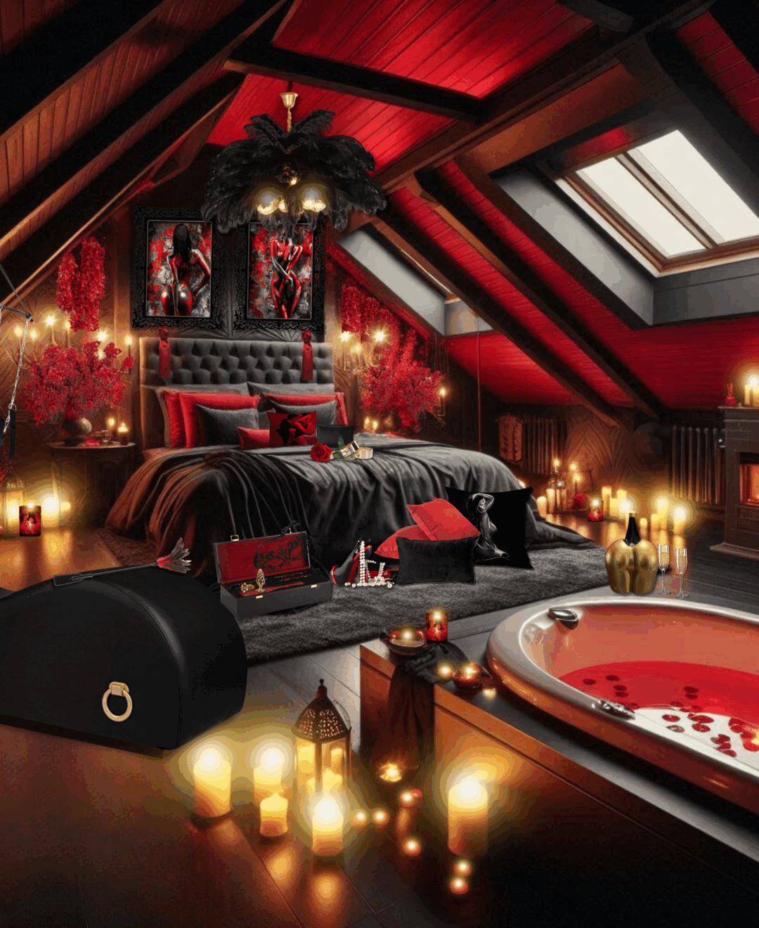 L’Éden des Sens Combles transformés en un espace intime où règne une atmosphère envoûtante, où la lumière tamisée et les couleurs chaudes évoquent le jardin d’Éden, symbole de paradis terrestre.