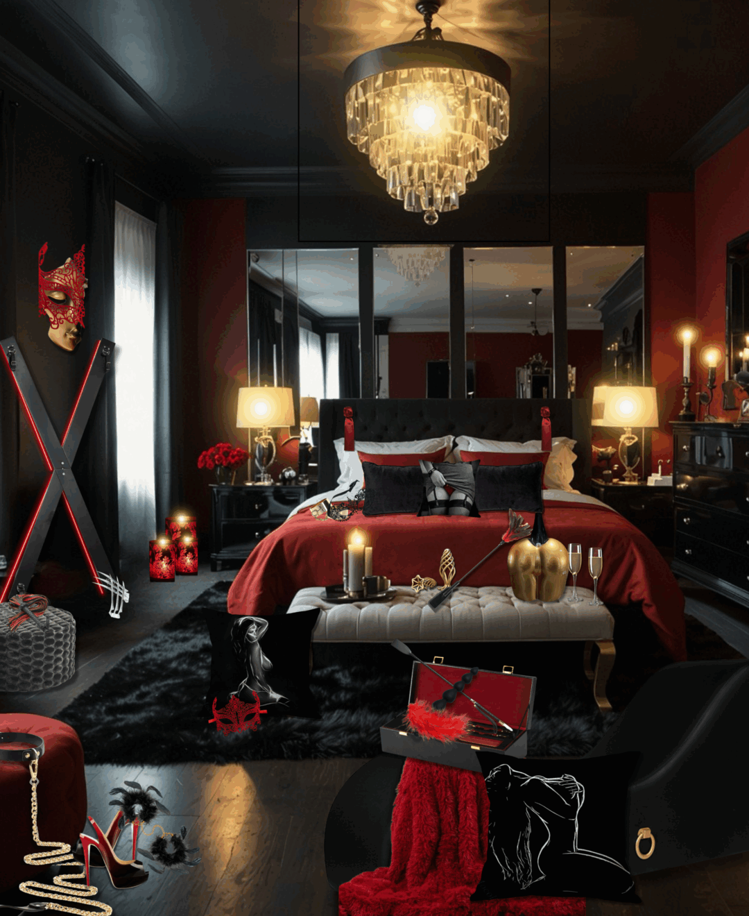 De l’ordinaire à l’extase… votre chambre devient un terrain de jeux sensuel Autrefois sage, lisse, presque pudique, cette chambre a basculé.
Elle a cédé à l’appel du désir, lentement transformée en un cocon érotique, un refuge charnel où chaque détail invite à s’abandonner.