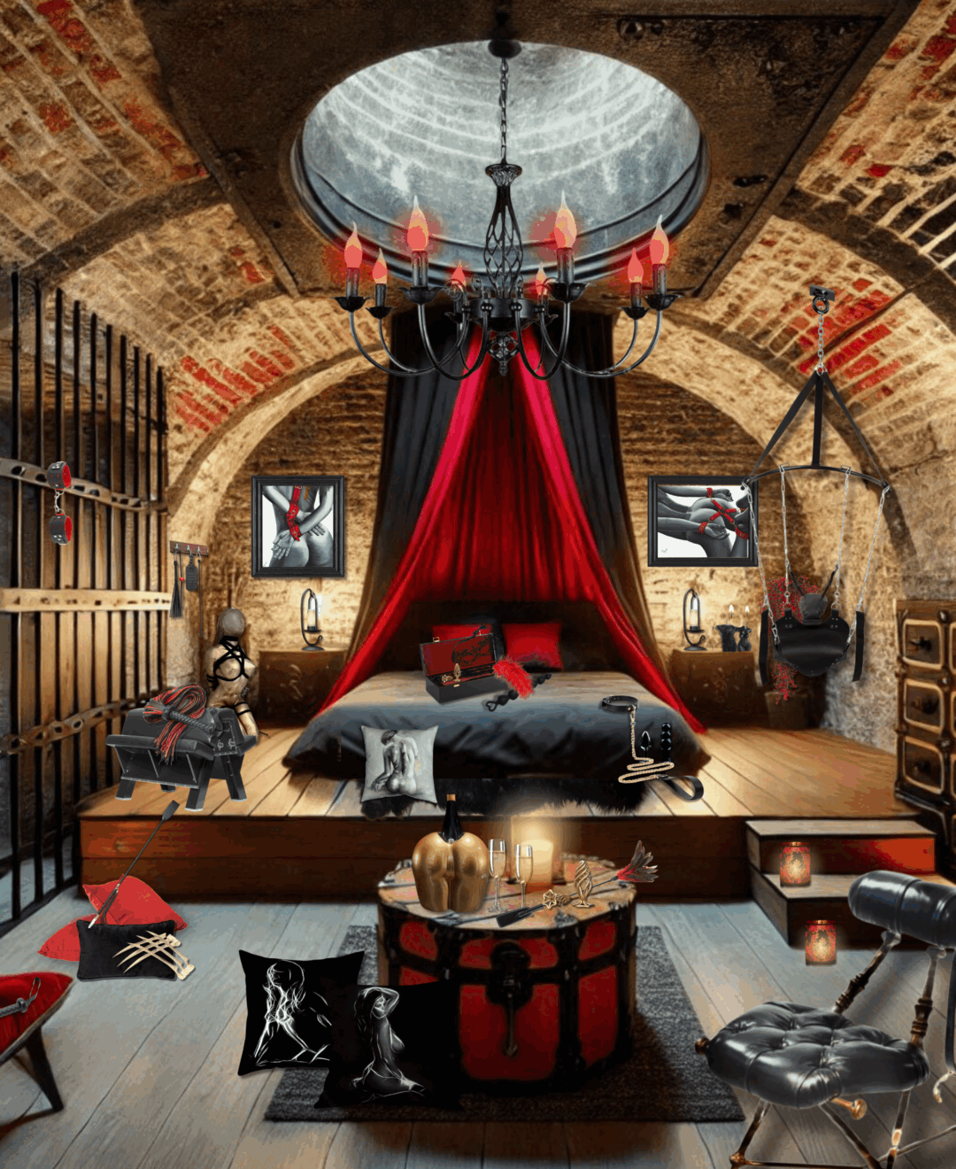 Le donjon des plaisirs : Votre fantasme, Votre réalité… Pouvoir et soumission, douceur et fougue se mêlent dans une fusion irrésistible. Ce lieu n’a qu’une seule règle : cédez à vos désirs, laissez vos fantasmes vous guider. Chaque geste est une promesse, chaque regard une déclaration, chaque frisson un hymne à la sensualité.