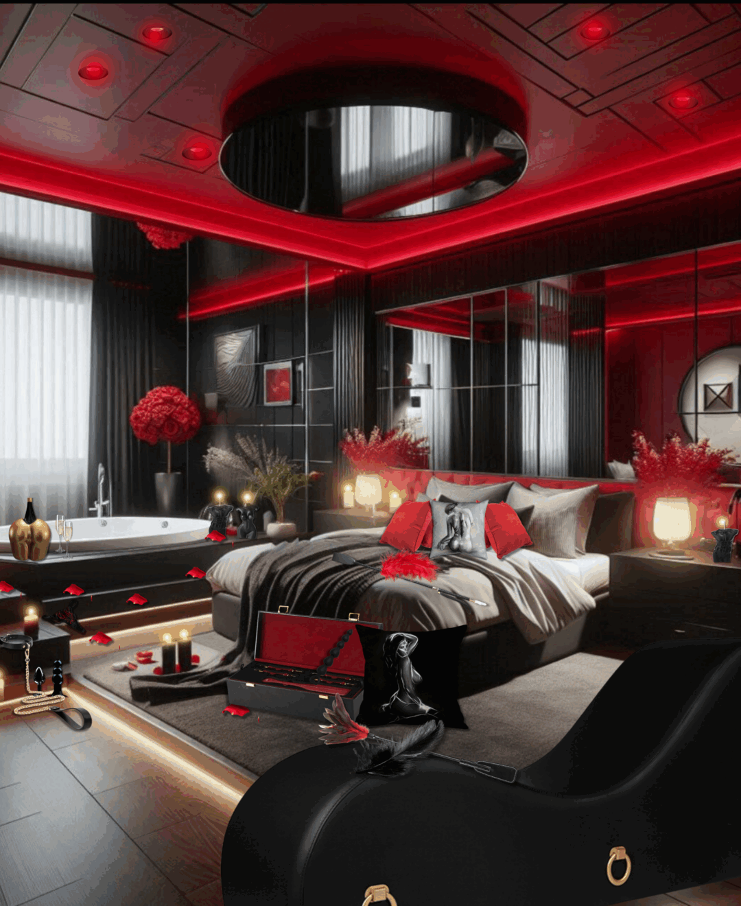 Éveillez vos Sens...La Sex Room avec jacuzzi le luxe sensuel ultime à domicile Glissez-vous dans votre jacuzzi enivrant, où chaque jet massant vous transporte dans une tourmente de sensations délicieusement exquises, idéal pour des ébats enflammés et des extases partagées.
Dans cette enclave intime, abandonnez-vous à vos fantasmes les plus brûlants, explorez chaque recoin de votre sensualité et sexualité sans entrave ni inhibition.